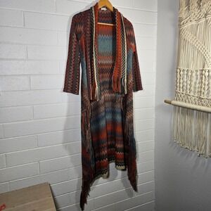 Woven Heart Chevron Aztec Oversize Fringe Duster Open Cardigan Maxi Boho Small